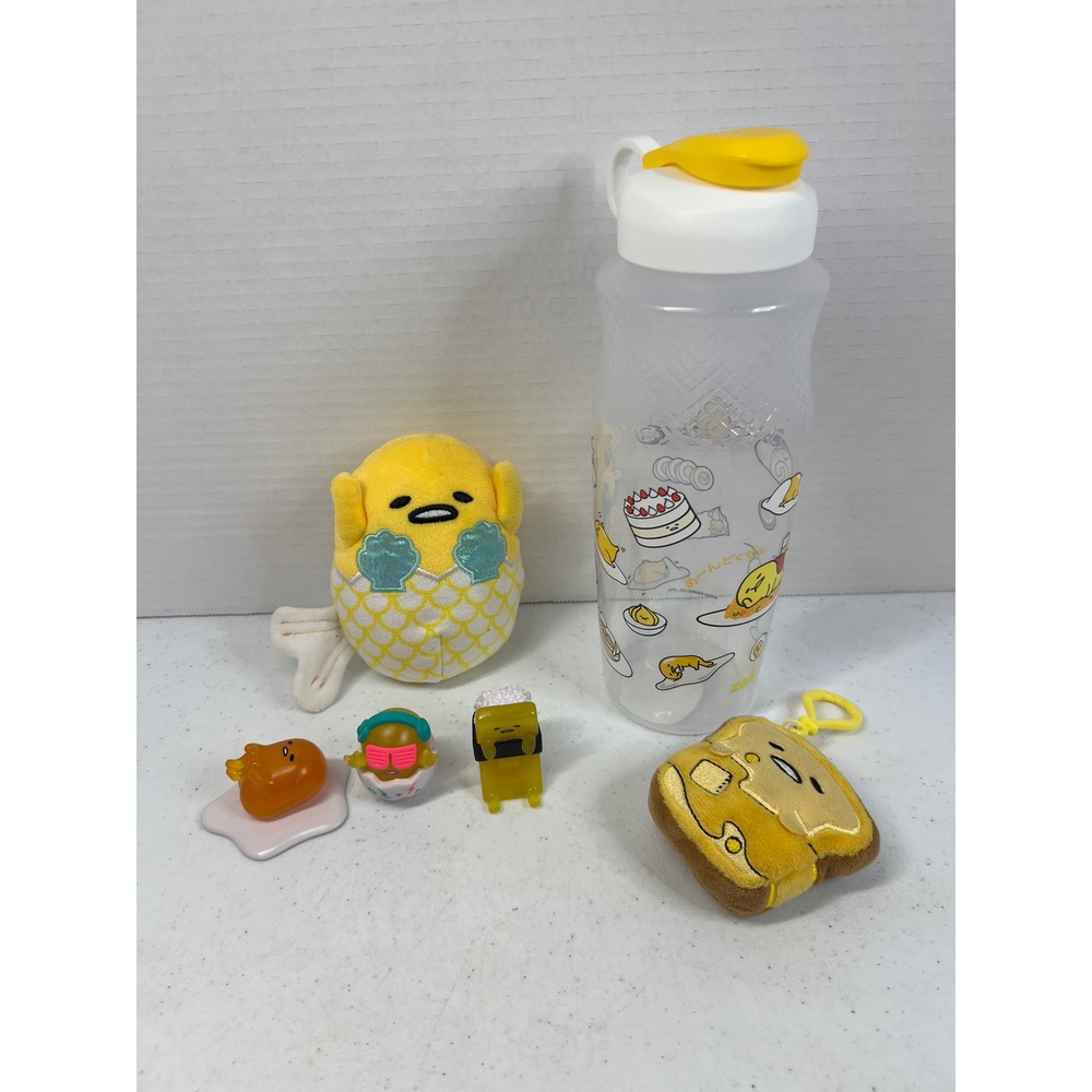 Sanrio Gudetama Lazy Egg Bundle Water Bottle Mermaid Plush Figures Keychain 6pc
